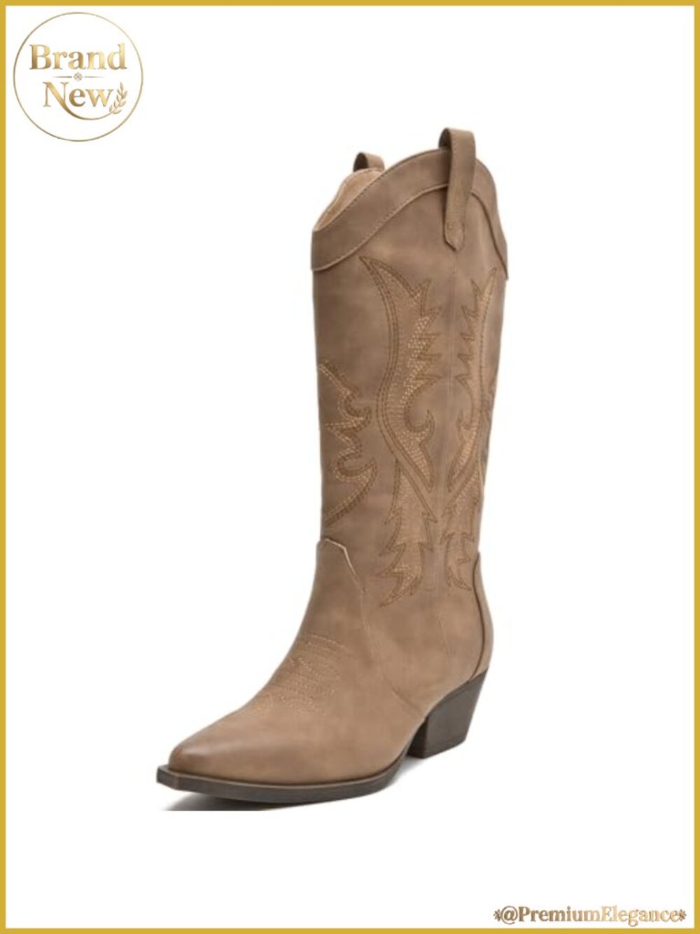 Women's Cowboy Boots Mid Calf Ankle Pointed Toe Chunky Heel Cutout Faux Leather